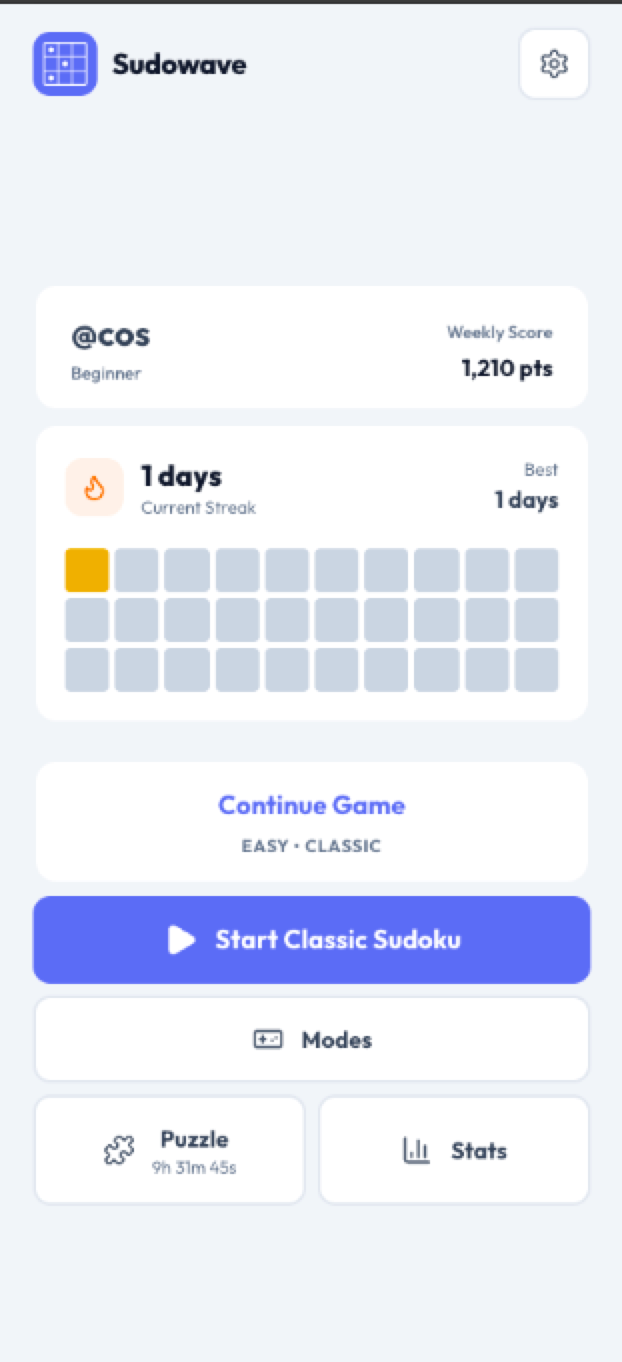 Sudowave dashboard with streaks and stats